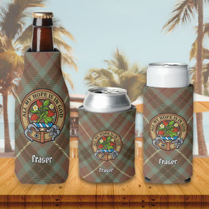 Clan Fraser Crest over Weathered Hunting Tartan Bottle Cooler