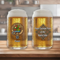 Clan Fraser Crest over Weathered Hunting Tartan Can Glass