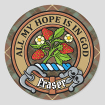 Clan Fraser Crest over Weathered Hunting Tartan Classic Round Sticker