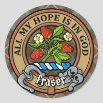 Clan Fraser Crest over Weathered Hunting Tartan Classic Round Sticker