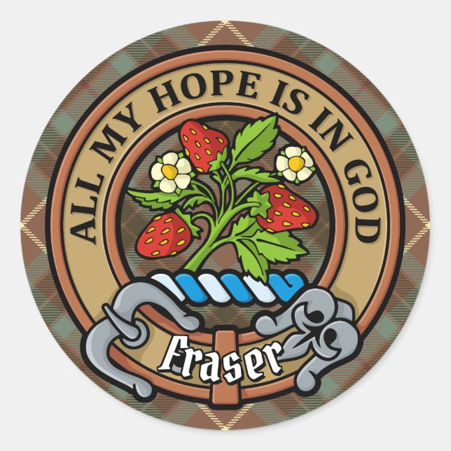 Clan Fraser Crest over Weathered Hunting Tartan Classic Round Sticker (Front)
