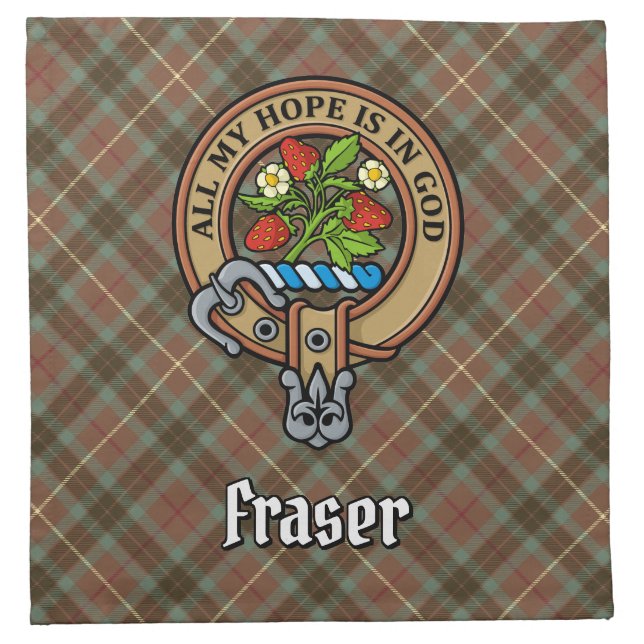 Clan Fraser Crest over Weathered Hunting Tartan Cloth Napkin (Front)