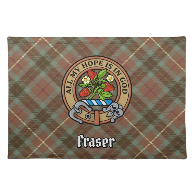 Clan Fraser Crest over Weathered Hunting Tartan Cloth Placemat (Front)
