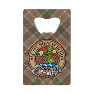 Clan Fraser Crest over Weathered Hunting Tartan Credit Card Bottle Opener