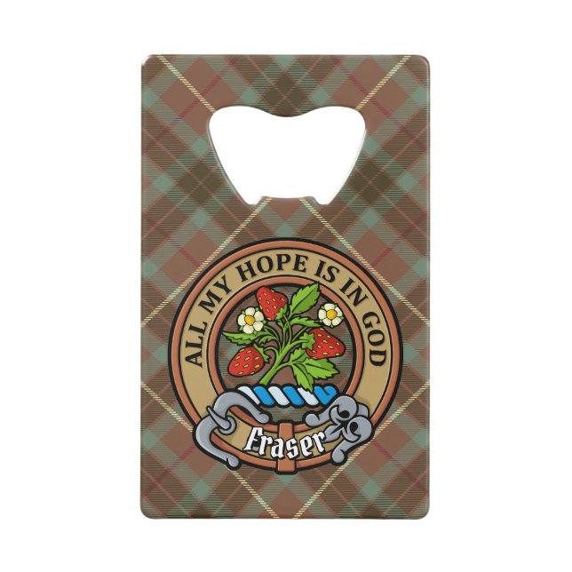 Clan Fraser Crest over Weathered Hunting Tartan Credit Card Bottle Opener (Front)