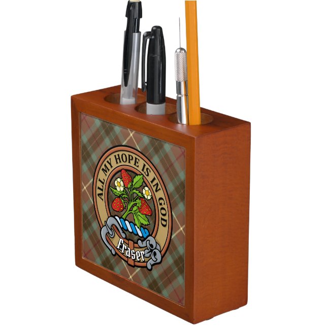 Clan Fraser Crest over Weathered Hunting Tartan Desk Organizer (In Situ)