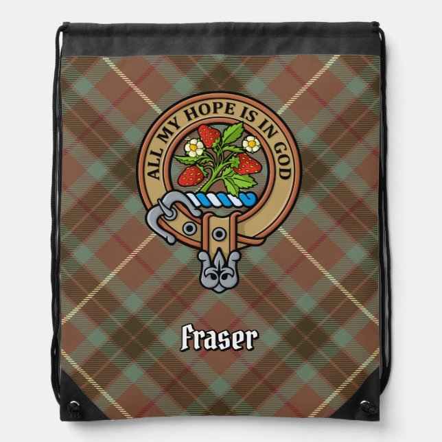 Clan Fraser Crest over Weathered Hunting Tartan Drawstring Bag (Front)