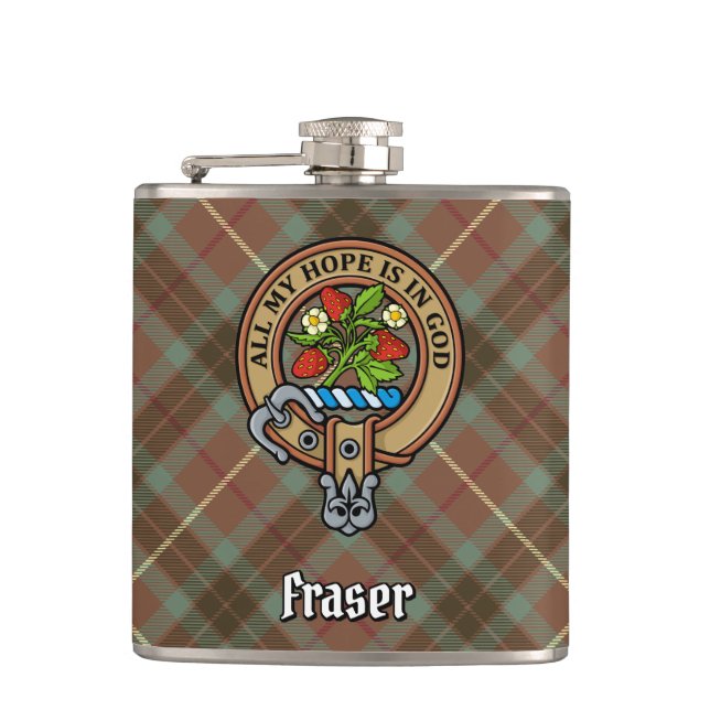 Clan Fraser Crest over Weathered Hunting Tartan Flask (Front)