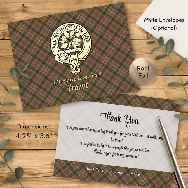 Clan Fraser Crest over Weathered Hunting Tartan Foil Invitation Postcard (Creator Uploaded)