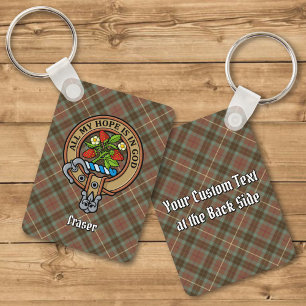 Clan Fraser Crest over Weathered Hunting Tartan Keychain