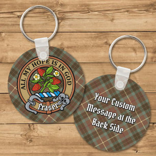 Clan Fraser Crest over Weathered Hunting Tartan Keychain