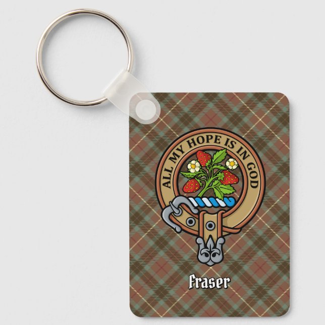 Clan Fraser Crest over Weathered Hunting Tartan Keychain (Front)