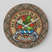 Clan Fraser Crest over Weathered Hunting Tartan Large Clock