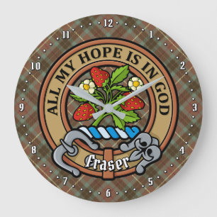 Clan Fraser Crest over Weathered Hunting Tartan Large Clock