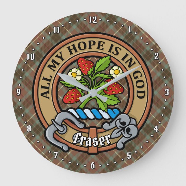 Clan Fraser Crest over Weathered Hunting Tartan Large Clock (Front)