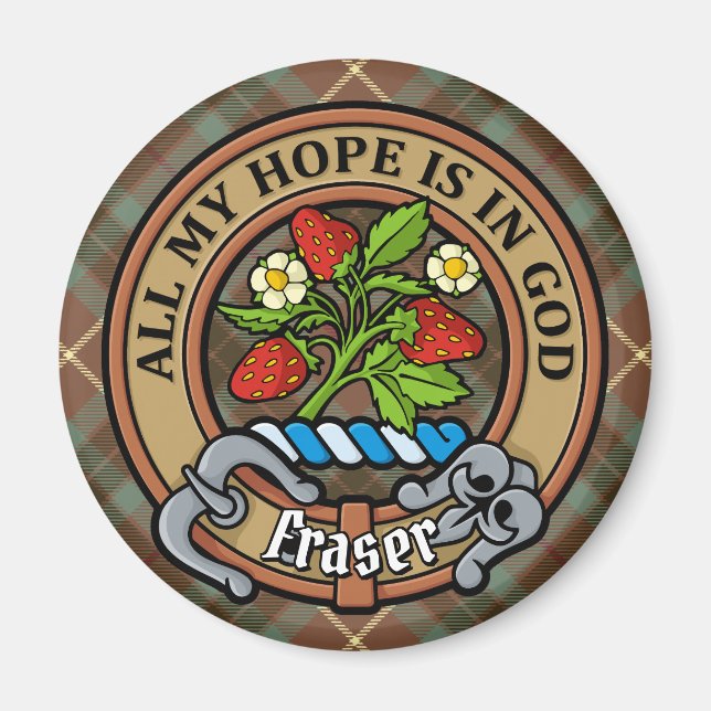Clan Fraser Crest over Weathered Hunting Tartan Magnet (Front)
