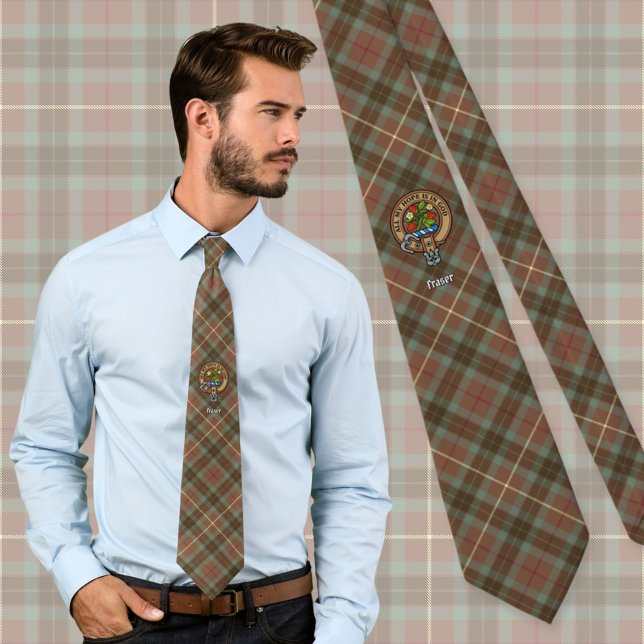 Clan Fraser Crest over Weathered Hunting Tartan Neck Tie (Creator Uploaded)