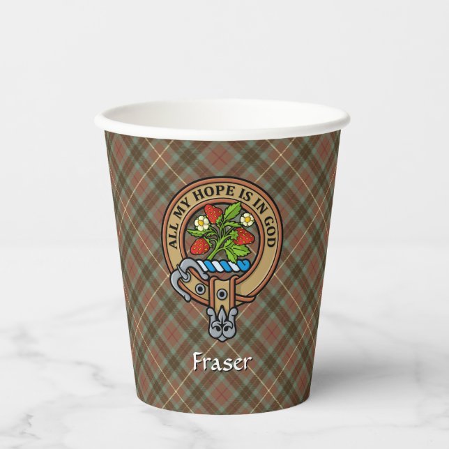 Clan Fraser Crest over Weathered Hunting Tartan Paper Cups (Front)
