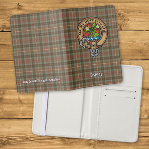 Clan Fraser Crest over Weathered Hunting Tartan Passport Holder