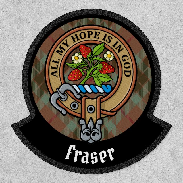 Clan Fraser Crest over Weathered Hunting Tartan Patch (Front)