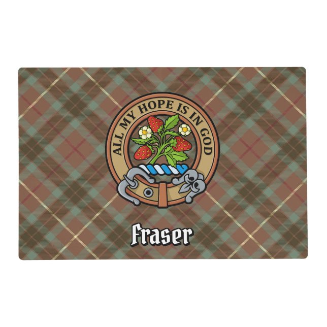 Clan Fraser Crest over Weathered Hunting Tartan Placemat (Front)