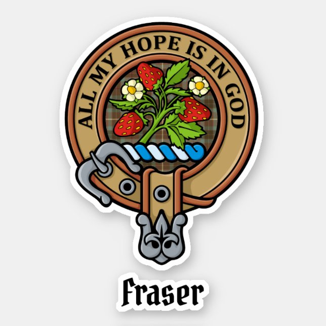 Clan Fraser Crest over Weathered Hunting Tartan Sticker (Front)