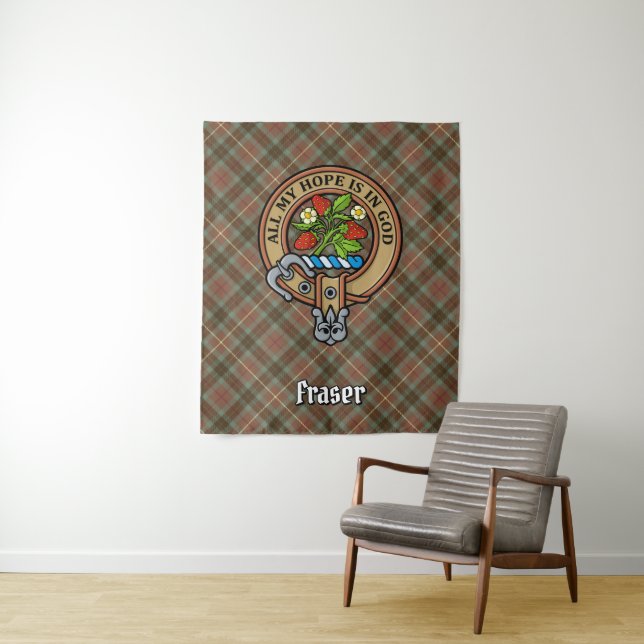 Clan Fraser Crest over Weathered Hunting Tartan Tapestry (In Situ)