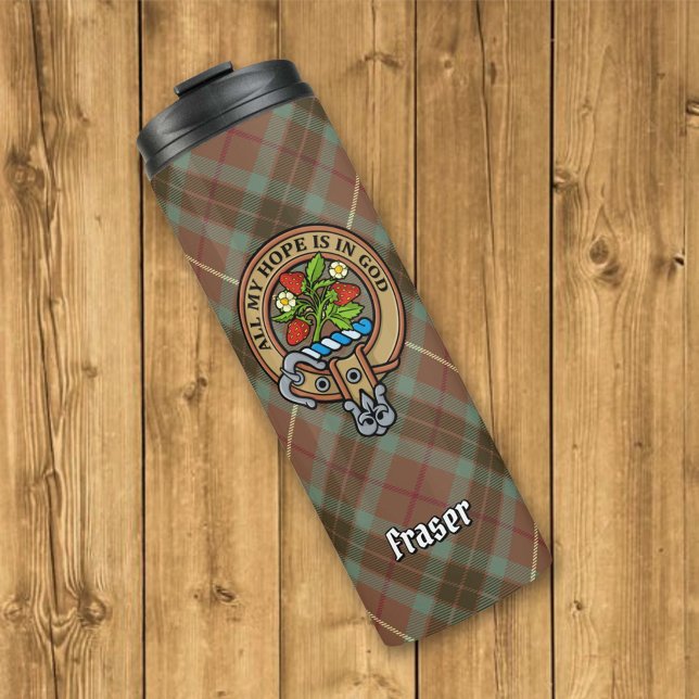 Clan Fraser Crest over Weathered Hunting Tartan Thermal Tumbler (Creator Uploaded)