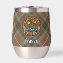 Clan Fraser Crest over Weathered Hunting Tartan Thermal Wine Tumbler