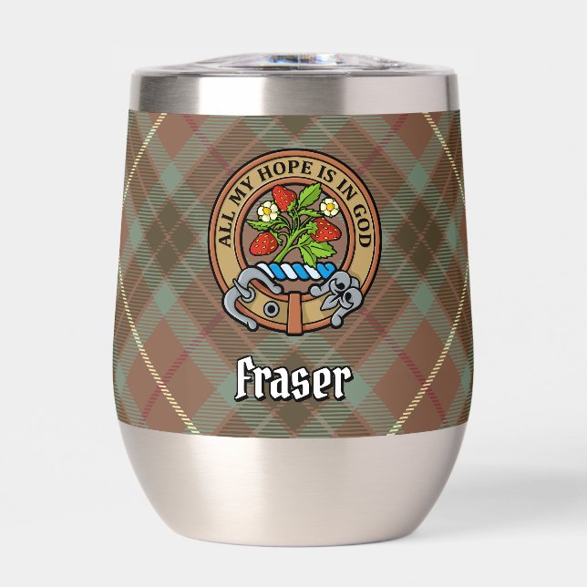 Clan Fraser Crest over Weathered Hunting Tartan Thermal Wine Tumbler (Front)