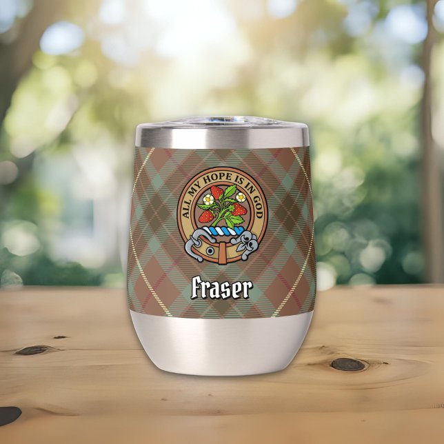Clan Fraser Crest over Weathered Hunting Tartan Thermal Wine Tumbler (Creator Uploaded)