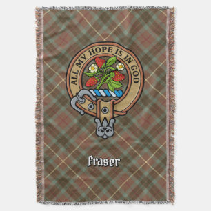 Clan Fraser Crest over Weathered Hunting Tartan Throw Blanket