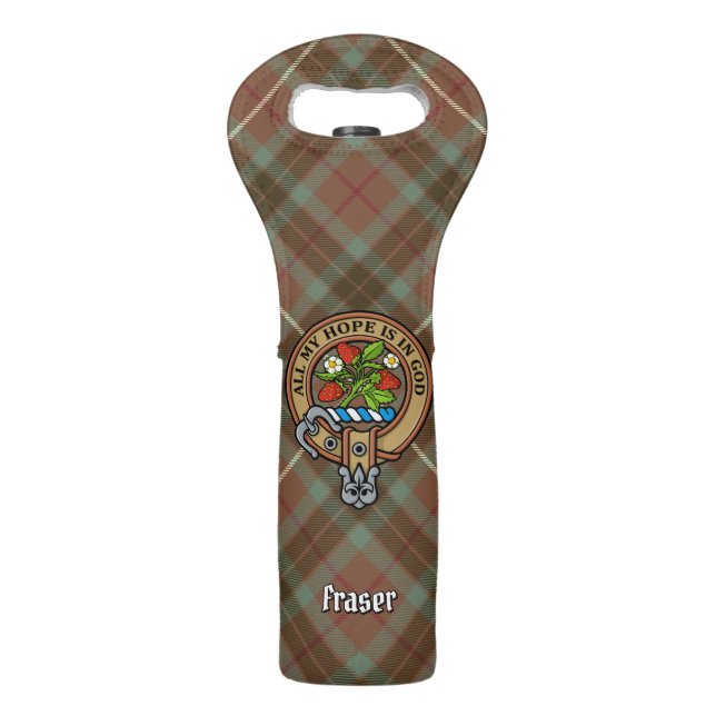 Clan Fraser Crest over Weathered Hunting Tartan Wine Bag (Front)