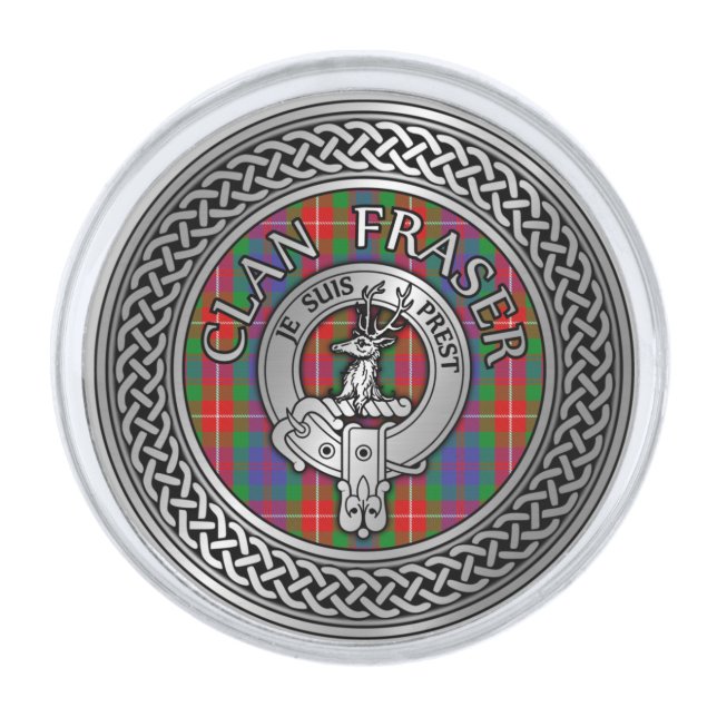 Clan Fraser Crest & Tartan Knot Silver Finish Lapel Pin (Front)