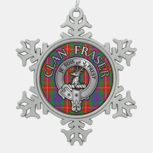 Clan Fraser Crest & Tartan Snowflake Pewter Christmas Ornament