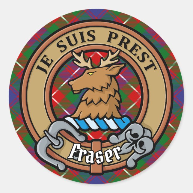Clan Fraser of Lovat Crest over Tartan Classic Round Sticker (Front)