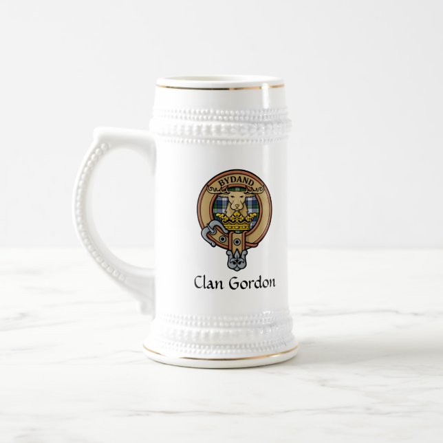 Clan Gordon Crest over Dress Tartan Beer Stein (Left)