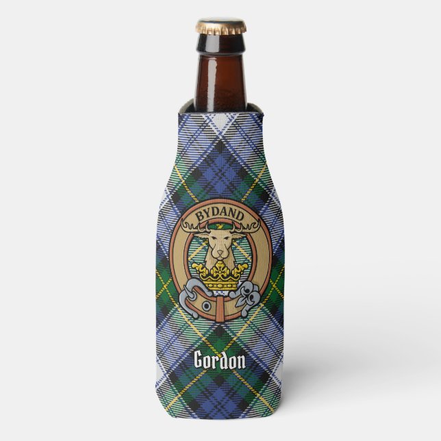 Clan Gordon Crest over Dress Tartan Bottle Cooler (Bottle Front)