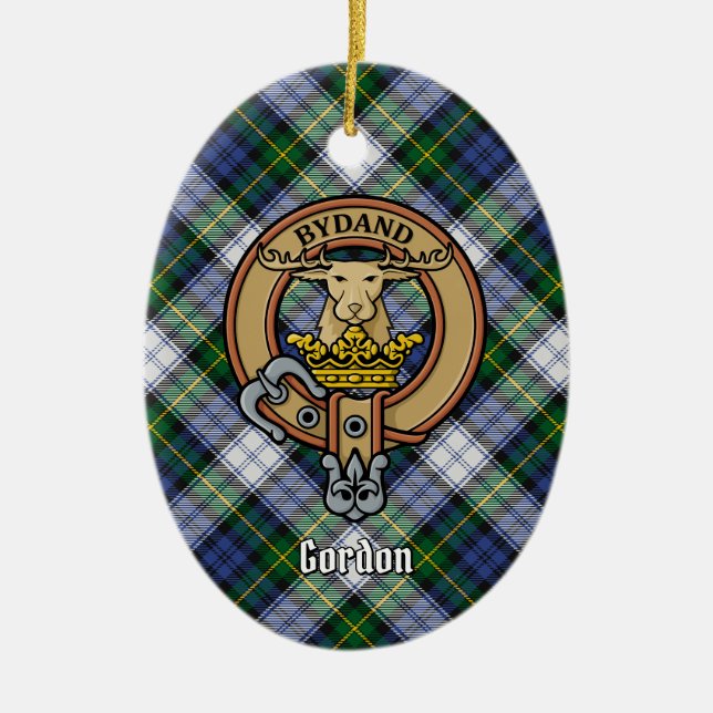 Clan Gordon Crest over Dress Tartan Ceramic Ornament (Front)