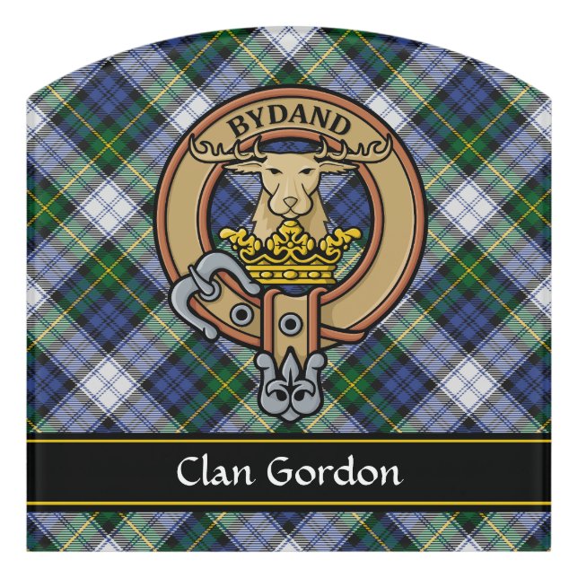 Clan Gordon Crest over Dress Tartan Door Sign (Contour Front)