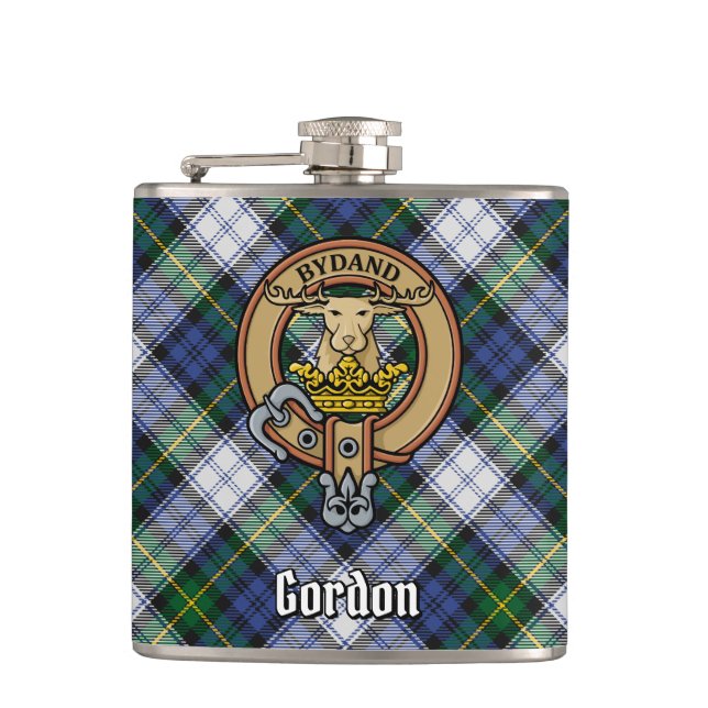 Clan Gordon Crest over Dress Tartan Flask (Front)