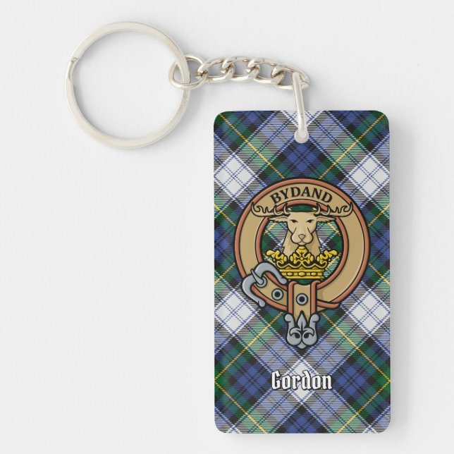 Clan Gordon Crest over Dress Tartan Keychain (Front)