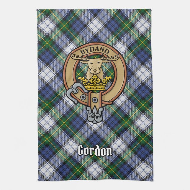 Clan Gordon Crest over Dress Tartan Kitchen Towel (Vertical)