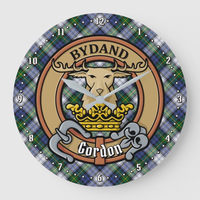Clan Gordon Crest over Dress Tartan Large Clock (Front)