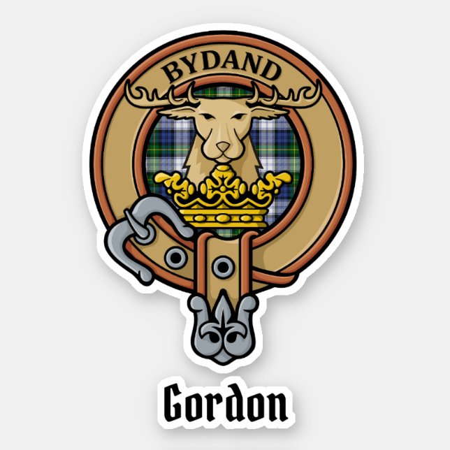 Clan Gordon Crest over Dress Tartan Sticker (Front)