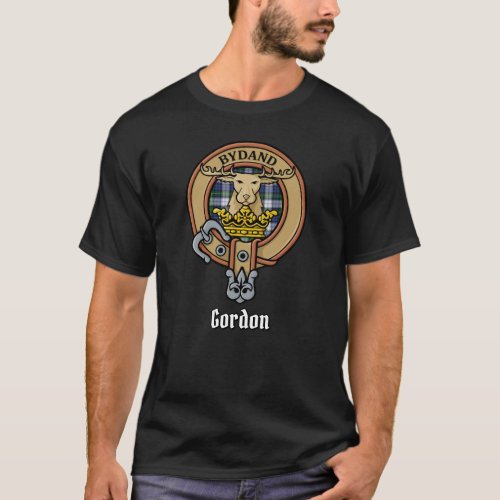Clan Gordon Crest over Dress Tartan T_Shirt