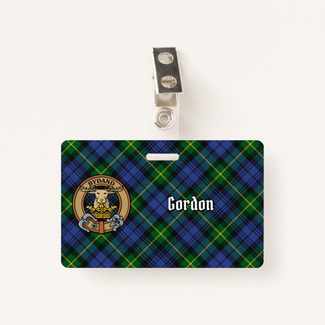 Clan Gordon Crest over Tartan Badge (Front with Clip)
