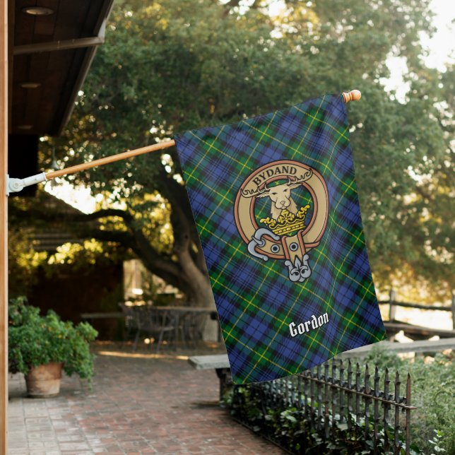 Clan Gordon Crest over Tartan House Flag (In SItu)