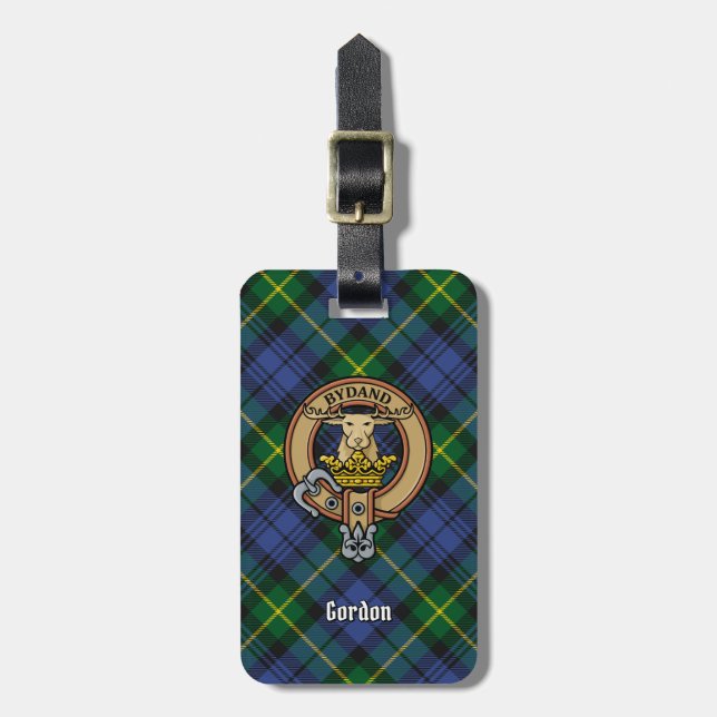 Clan Gordon Crest over Tartan Luggage Tag (Front Vertical)