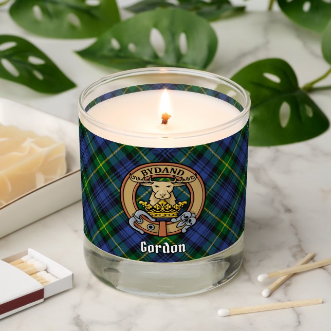 Clan Gordon Crest over Tartan Scented Candle (Lit)